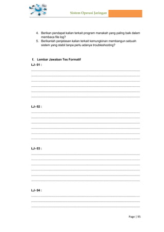 Sistem Operasi Jaringan
Page | 95
4. Berikan pendapat kalian terkait program manakah yang paling baik dalam
membaca file log?
5. Berikanlah penjelasan kalian terkait kemungkinan membangun sebuah
sistem yang stabil tanpa perlu adanya troubleshooting?
Lembar Jawaban Tes Formatif
LJ- 01 :
.................................................................................................................................
.................................................................................................................................
.................................................................................................................................
.................................................................................................................................
.................................................................................................................................
.................................................................................................................................
LJ- 02 :
.................................................................................................................................
.................................................................................................................................
.................................................................................................................................
.................................................................................................................................
.................................................................................................................................
.................................................................................................................................
LJ- 03 :
.................................................................................................................................
.................................................................................................................................
.................................................................................................................................
.................................................................................................................................
.................................................................................................................................
.................................................................................................................................
LJ- 04 :
.................................................................................................................................
.................................................................................................................................
.................................................................................................................................
 