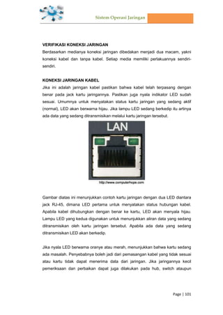 Sistem Operasi Jaringan
Page | 101
VERIFIKASI KONEKSI JARINGAN
Berdasarkan medianya koneksi jaringan dibedakan menjadi dua macam, yakni
koneksi kabel dan tanpa kabel. Setiap media memiliki perlakuannya sendiri-
sendiri.
KONEKSI JARINGAN KABEL
Jika ini adalah jaringan kabel pastikan bahwa kabel telah terpasang dengan
benar pada jack kartu jaringannya. Pastikan juga nyala indikator LED sudah
sesuai. Umumnya untuk menyatakan status kartu jaringan yang sedang aktif
(normal), LED akan berwarna hijau. Jika lampu LED sedang berkedip itu artinya
ada data yang sedang ditransmisikan melalui kartu jaringan tersebut.
Gambar diatas ini menunjukkan contoh kartu jaringan dengan dua LED diantara
jack RJ-45, dimana LED pertama untuk menyatakan status hubungan kabel.
Apabila kabel dihubungkan dengan benar ke kartu, LED akan menyala hijau.
Lampu LED yang kedua digunakan untuk menunjukkan aliran data yang sedang
ditransmisikan oleh kartu jaringan tersebut. Apabila ada data yang sedang
ditransmisikan LED akan berkedip.
Jika nyala LED berwarna oranye atau merah, menunjukkan bahwa kartu sedang
ada masalah. Penyebabnya boleh jadi dari pemasangan kabel yang tidak sesuai
atau kartu tidak dapat menerima data dari jaringan. Jika jaringannya kecil
pemeriksaan dan perbaikan dapat juga dilakukan pada hub, switch ataupun
 