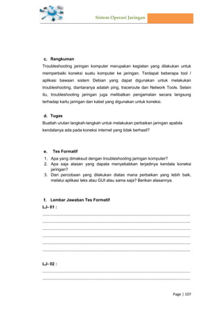 Sistem Operasi Jaringan
Page | 107
Rangkuman
Troubleshooting jaringan komputer merupakan kegiatan yang dilakukan untuk
memperbaiki koneksi suatu komputer ke jaringan. Terdapat beberapa tool /
aplikasi bawaan sistem Debian yang dapat digunakan untuk melakukan
troubleshooting, diantaranya adalah ping, traceroute dan Network Tools. Selain
itu, troubleshooting jaringan juga melibatkan pengamatan secara langsung
terhadap kartu jaringan dan kabel yang digunakan untuk koneksi.
Tugas
Buatlah urutan langkah-langkah untuk melakukan perbaikan jaringan apabila
kendalanya ada pada koneksi internet yang tidak berhasil?
Tes Formatif
1. Apa yang dimaksud dengan troubleshooting jaringan komputer?
2. Apa saja alasan yang dapata menyebabkan terjadinya kendala koneksi
jaringan?
3. Dari percobaan yang dilakukan diatas mana perbaikan yang lebih baik,
melalui aplikasi teks atau GUI atau sama saja? Berikan alasannya.
Lembar Jawaban Tes Formatif
LJ- 01 :
.................................................................................................................................
.................................................................................................................................
.................................................................................................................................
.................................................................................................................................
.................................................................................................................................
.................................................................................................................................
LJ- 02 :
.................................................................................................................................
.................................................................................................................................
 