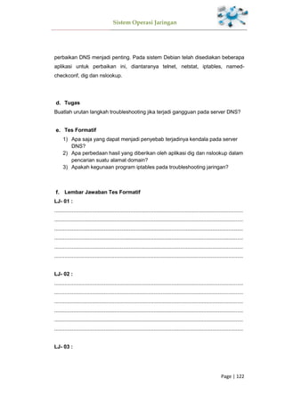 Sistem Operasi Jaringan
Page | 122
perbaikan DNS menjadi penting. Pada sistem Debian telah disediakan beberapa
aplikasi untuk perbaikan ini, diantaranya telnet, netstat, iptables, named-
checkconf, dig dan nslookup.
Tugas
Buatlah urutan langkah troubleshooting jika terjadi gangguan pada server DNS?
Tes Formatif
1) Apa saja yang dapat menjadi penyebab terjadinya kendala pada server
DNS?
2) Apa perbedaan hasil yang diberikan oleh aplikasi dig dan nslookup dalam
pencarian suatu alamat domain?
3) Apakah kegunaan program iptables pada troubleshooting jaringan?
Lembar Jawaban Tes Formatif
LJ- 01 :
.................................................................................................................................
.................................................................................................................................
.................................................................................................................................
.................................................................................................................................
.................................................................................................................................
.................................................................................................................................
LJ- 02 :
.................................................................................................................................
.................................................................................................................................
.................................................................................................................................
.................................................................................................................................
.................................................................................................................................
.................................................................................................................................
LJ- 03 :
 