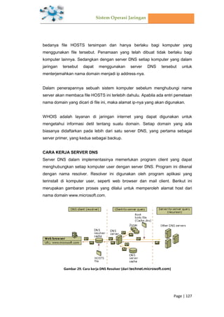 Sistem Operasi Jaringan
Page | 127
bedanya file HOSTS tersimpan dan hanya berlaku bagi komputer yang
menggunakan file tersebut. Penamaan yang telah dibuat tidak berlaku bagi
komputer lainnya. Sedangkan dengan server DNS setiap komputer yang dalam
jaringan tersebut dapat menggunakan server DNS tersebut untuk
menterjemahkan nama domain menjadi ip address-nya.
Dalam penerapannya sebuah sistem komputer sebelum menghubungi name
server akan membaca file HOSTS ini terlebih dahulu. Apabila ada entri pemetaan
nama domain yang dicari di file ini, maka alamat ip-nya yang akan digunakan.
WHOIS adalah layanan di jaringan internet yang dapat digunakan untuk
mengetahui informasi detil tentang suatu domain. Setiap domain yang ada
biasanya didaftarkan pada lebih dari satu server DNS, yang pertama sebagai
server primer, yang kedua sebagai backup.
CARA KERJA SERVER DNS
Server DNS dalam implementasinya memerlukan program client yang dapat
menghubungkan setiap komputer user dengan server DNS. Program ini dikenal
dengan nama resolver. Resolver ini digunakan oleh program aplikasi yang
terinstall di komputer user, seperti web browser dan mail client. Berikut ini
merupakan gambaran proses yang dilalui untuk memperoleh alamat host dari
nama domain www.microsoft.com.
Gambar 29. Cara kerja DNS Resolver (dari technet.microsoft.com)
 