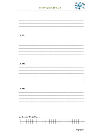 Sistem Operasi Jaringan
Page | 130
.................................................................................................................................
.................................................................................................................................
.................................................................................................................................
.................................................................................................................................
LJ- 03 :
.................................................................................................................................
.................................................................................................................................
.................................................................................................................................
.................................................................................................................................
.................................................................................................................................
.................................................................................................................................
LJ- 04 :
.................................................................................................................................
.................................................................................................................................
.................................................................................................................................
.................................................................................................................................
.................................................................................................................................
.................................................................................................................................
LJ- 05 :
.................................................................................................................................
.................................................................................................................................
.................................................................................................................................
.................................................................................................................................
.................................................................................................................................
.................................................................................................................................
Lembar Kerja Siswa
 