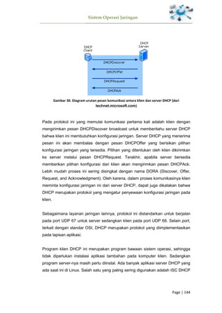 Sistem Operasi Jaringan
Page | 144
Gambar 30. Diagram urutan pesan komunikasi antara klien dan server DHCP (dari
technet.microsoft.com)
Pada protokol ini yang memulai komunikasi pertama kali adalah klien dengan
mengirimkan pesan DHCPDiscover broadcast untuk memberitahu server DHCP
bahwa klien ini membutuhkan konfigurasi jaringan. Server DHCP yang menerima
pesan ini akan membalas dengan pesan DHCPOffer yang berisikan pilihan
konfigurasi jaringan yang tersedia. Pilihan yang ditentukan oleh klien dikirimkan
ke server melalui pesan DHCPRequest. Terakhir, apabila server bersedia
memberikan pilihan konfigurasi dari klien akan mengirimkan pesan DHCPAck.
Lebih mudah proses ini sering disingkat dengan nama DORA (Discover, Offer,
Request, and Acknowledgment). Oleh karena, dalam proses komunikasinya klien
meminta konfigurasi jaringan ini dari server DHCP, dapat juga dikatakan bahwa
DHCP merupakan protokol yang mengatur penyewaan konfigurasi jaringan pada
klien.
Sebagaimana layanan jaringan lainnya, protokol ini distandarkan untuk berjalan
pada port UDP 67 untuk server sedangkan klien pada port UDP 68. Selain port,
terkait dengan standar OSI, DHCP merupakan protokol yang diimplementasikan
pada lapisan aplikasi.
Program klien DHCP ini merupakan program bawaan sistem operasi, sehingga
tidak diperlukan instalasi aplikasi tambahan pada komputer klien. Sedangkan
program server-nya masih perlu diinstal. Ada banyak aplikasi server DHCP yang
ada saat ini di Linux. Salah satu yang paling sering digunakan adalah ISC DHCP
 