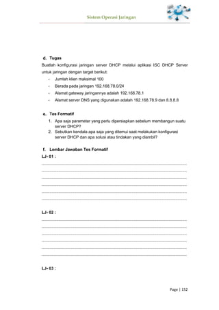 Sistem Operasi Jaringan
Page | 152
Tugas
Buatlah konfigurasi jaringan server DHCP melalui aplikasi ISC DHCP Server
untuk jaringan dengan target berikut:
- Jumlah klien maksimal 100
- Berada pada jaringan 192.168.78.0/24
- Alamat gateway jaringannya adalah 192.168.78.1
- Alamat server DNS yang digunakan adalah 192.168.78.9 dan 8.8.8.8
Tes Formatif
1. Apa saja parameter yang perlu dipersiapkan sebelum membangun suatu
server DHCP?
2. Sebutkan kendala apa saja yang ditemui saat melakukan konfigurasi
server DHCP dan apa solusi atau tindakan yang diambil?
Lembar Jawaban Tes Formatif
LJ- 01 :
.................................................................................................................................
.................................................................................................................................
.................................................................................................................................
.................................................................................................................................
.................................................................................................................................
.................................................................................................................................
LJ- 02 :
.................................................................................................................................
.................................................................................................................................
.................................................................................................................................
.................................................................................................................................
.................................................................................................................................
.................................................................................................................................
LJ- 03 :
 