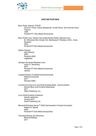 Sistem Operasi Jaringan
Page | 155
DAFTAR PUSTAKA
Buku Pintar Internet: TCP/IP
Onno W. Purbo, Adnan Basalamah, Ismail Fahmi, dan Achmad Husni
Thamrin
1998
Penerbit PT. Elex Media Komputindo
Buku Pintar Linux: Desain dan Implementasi Sistem Operasi Linux
Dr. Richardus Eko Indrajit, Drs. Bambang N. Prastowo, M.Sc., Dudy
Rudianto
2002
Penerbit PT Elex Media Komputindo
Sistem Operasi
Iwan Binanto
2005
Penerbit ANDI
Jogjakarta
Jaringan Komputer Berbasis Linux
Jhony H. Sembiring
2001
Penerbit PT Elex Media Komputindo
Jakarta
Langkah Mudah Troubleshoooting Komputer
Wahana Komputer
2011
Penerbit ANDI
Linux® Command Line and Shell Scripting Bible, Second Edition
Richard Blum and Christine Bresnahan
2011
Wiley Publishing, Inc.
Linux Shell Scripting Cookbook
Sarath Lakshman
January 2011
Packt Publishing Ltd.
Microsoft Windows ServerTM
2003 Administrator’s Pocket Consultant
William R. Stanek
2009
Penerbit PT Elex Media Komputindo
Teknologi Backup dan Recovery
Rahmat Rafiudin
2011
 