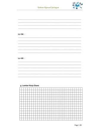 Sistem Operasi Jaringan
Page | 28
.................................................................................................................................
.................................................................................................................................
.................................................................................................................................
.................................................................................................................................
LJ- 04 :
.................................................................................................................................
.................................................................................................................................
.................................................................................................................................
.................................................................................................................................
.................................................................................................................................
.................................................................................................................................
LJ- 05 :
.................................................................................................................................
.................................................................................................................................
.................................................................................................................................
.................................................................................................................................
.................................................................................................................................
.................................................................................................................................
g. Lembar Kerja Siswa
 