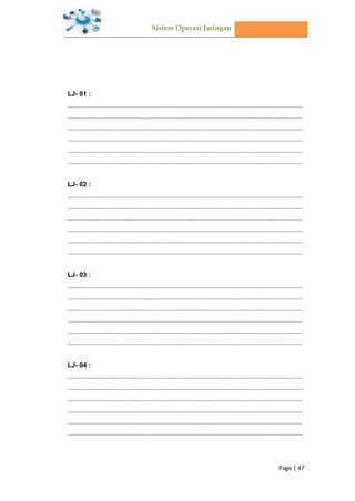 Sistem Operasi Jaringan
Page | 47
LJ- 01 :
.................................................................................................................................
.................................................................................................................................
.................................................................................................................................
.................................................................................................................................
.................................................................................................................................
.................................................................................................................................
LJ- 02 :
.................................................................................................................................
.................................................................................................................................
.................................................................................................................................
.................................................................................................................................
.................................................................................................................................
.................................................................................................................................
LJ- 03 :
.................................................................................................................................
.................................................................................................................................
.................................................................................................................................
.................................................................................................................................
.................................................................................................................................
.................................................................................................................................
LJ- 04 :
.................................................................................................................................
.................................................................................................................................
.................................................................................................................................
.................................................................................................................................
.................................................................................................................................
.................................................................................................................................
 