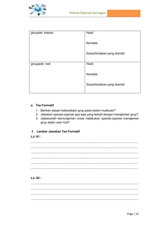 Sistem Operasi Jaringan
Page | 51
groupdel kelasxi Hasil:
Kendala:
Solusi/tindakan yang diambil:
groupadd root Hasil:
Kendala:
Solusi/tindakan yang diambil:
Tes Formatif
1. Berikan alasan keberadaan grup pada sistem multiuser?
2. Jelaskan operasi-operasi apa saja yang terkait dengan manajemen grup?
3. Jelaskanlah kemungkinan untuk melakukan operasi-operasi manajemen
grup selain user root?
Lembar Jawaban Tes Formatif
LJ- 01 :
.................................................................................................................................
.................................................................................................................................
.................................................................................................................................
.................................................................................................................................
.................................................................................................................................
.................................................................................................................................
LJ- 02 :
.................................................................................................................................
.................................................................................................................................
.................................................................................................................................
.................................................................................................................................
 