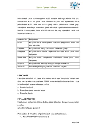 Sistem Operasi Jaringan
Page | 64
Pada sistem Linux fitur manajemen kuota ini telah ada sejak kernel versi 3.6.
Pembatasan kuota ini pada Linux didefinisikan pada file aquota.user untuk
pembatasan kuota user dan aquota.group untuk pembatasan kuota grup.
Sedangkan aplikasinya dinamakan quota dan dapat dijalankan melalui terminal.
Berikut ini merupakan daftar aplikasi ataupun file yang diperlukan pada saat
implementasi kuota ini.
Aplikasi/File Penjelasan
Quota Program untuk menampilkan informasi penggunaan kuota dan
sisa oleh user.
Edquota Program untuk mengubah aturan kuota user/group
Repquota Program untuk melihat rangkuman informasi kuota pada suatu
filesystem
quotacheck Program untuk mengetahui konsistensi kuota pada suatu
filesystem
Quotaon Program untuk menutup ataupun mengaktifkan kuota
/etc/fstab Daftar filesystem yang diakses saat Linux berjalan.
PRAKTIKUM
Pada praktikum kali ini, kuota akan dibuat untuk user dan group. Setiap user
akan mendapatkan ruang sebesar 50 MB. Implementasi kuota pada sistem Linux
terbagi menjadi beberapa tahapan berikut.
a. Instalasi aplikasi
b. Penentuan kuota user dan group
c. Pengujian kuota
INSTALASI APLIKASI
Instalasi dari aplikasi ini di Linux Debian dapat dilakukan dengan menggunakan
perintah:
apt-get install quota quotatool
Pada Debian di VirtualBox langkah-langkah yang perlu dilakukan.
1. Masukkan DVD Debian Wheezy 2
 