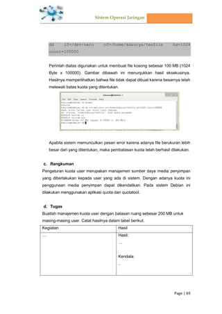 Sistem Operasi Jaringan
Page | 69
dd if=/dev/zero of=/home/kdsurya/tesfile bs=1024
count=100000
Perintah diatas digunakan untuk membuat file kosong sebesar 100 MB (1024
Byte x 100000). Gambar dibawah ini menunjukkan hasil eksekusinya.
Hasilnya memperlihatkan bahwa file tidak dapat dibuat karena besarnya telah
melewati batas kuota yang ditentukan.
Apabila sistem memunculkan pesan error karena adanya file berukuran lebih
besar dari yang ditentukan, maka pembatasan kuota telah berhasil dilakukan.
Rangkuman
Pengaturan kuota user merupakan manajemen sumber daya media penyimpan
yang diberlakukan kepada user yang ada di sistem. Dengan adanya kuota ini
penggunaan media penyimpan dapat dikendalikan. Pada sistem Debian ini
dilakukan menggunakan aplikasi quota dan quotatool.
Tugas
Buatlah manajemen kuota user dengan batasan ruang sebesar 200 MB untuk
masing-masing user. Catat hasilnya dalam tabel berikut.
Kegiatan Hasil
… Hasil:
…
Kendala:
..
 