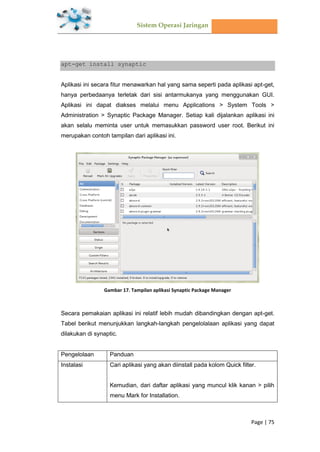 Sistem Operasi Jaringan
Page | 75
apt-get install synaptic
Aplikasi ini secara fitur menawarkan hal yang sama seperti pada aplikasi apt-get,
hanya perbedaanya terletak dari sisi antarmukanya yang menggunakan GUI.
Aplikasi ini dapat diakses melalui menu Applications > System Tools >
Administration > Synaptic Package Manager. Setiap kali dijalankan aplikasi ini
akan selalu meminta user untuk memasukkan password user root. Berikut ini
merupakan contoh tampilan dari aplikasi ini.
Gambar 17. Tampilan aplikasi Synaptic Package Manager
Secara pemakaian aplikasi ini relatif lebih mudah dibandingkan dengan apt-get.
Tabel berikut menunjukkan langkah-langkah pengelolalaan aplikasi yang dapat
dilakukan di synaptic.
Pengelolaan Panduan
Instalasi Cari aplikasi yang akan diinstall pada kolom Quick filter.
Kemudian, dari daftar aplikasi yang muncul klik kanan > pilih
menu Mark for Installation.
 