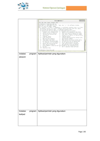 Sistem Operasi Jaringan
Page | 83
instalasi program
abiword
Aplikasi/perintah yang digunakan:
Instalasi program
leafpad
Aplikasi/perintah yang digunakan:
 