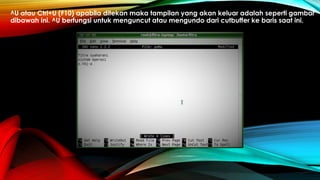 ^U atau Ctrl+U (F10) apabila ditekan maka tampilan yang akan keluar adalah seperti gambar
dibawah ini. ^U berfungsi untuk menguncut atau mengundo dari cutbuffer ke baris saat ini.
 