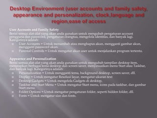 User Accounts and Family Safety
Berisi semua alat-alat yang akan anda gunakan untuk mengubah pengaturan account
pengguna dan password, pengaturan orangtua, mengelola identitas, dan banyak lagi.
Kategorinya adalah:
 User Accounts = Untuk menambah atau menghapus akun, mengganti gambar akun,
mengganti password akun.
 Parental Controls = Untuk mengatur akun user untuk menjalankan program tertentu.
Appearnce and Personalization
Berisi semua alat-alat yang akan anda gunakan untuk mengubah tampilan desktop item,
menerapkan berbagai tema desktop dan screen saver, menyesuaikan menu Start atau Taskbar,
dan banyak lagi. Kategorinya adalah:
 Personalization = Untuk mengganti tema, background desktop, screen saver, dll.
 Display = Untuk mengatur Resolusi layar, mengatur ukuran text
 Desktop Gadgets = Untuk mengelola Gadgets di desktop,
 Taskbar and Start Menu = Untuk mengatur Start menu, icons pada taskbar, dan gambar
Start menu.
 Folder Options = Untuk mengatur pengaturan folder, seperti hidden folder, dll.
 Fonts = Untuk mengatur size dan fonts.
 