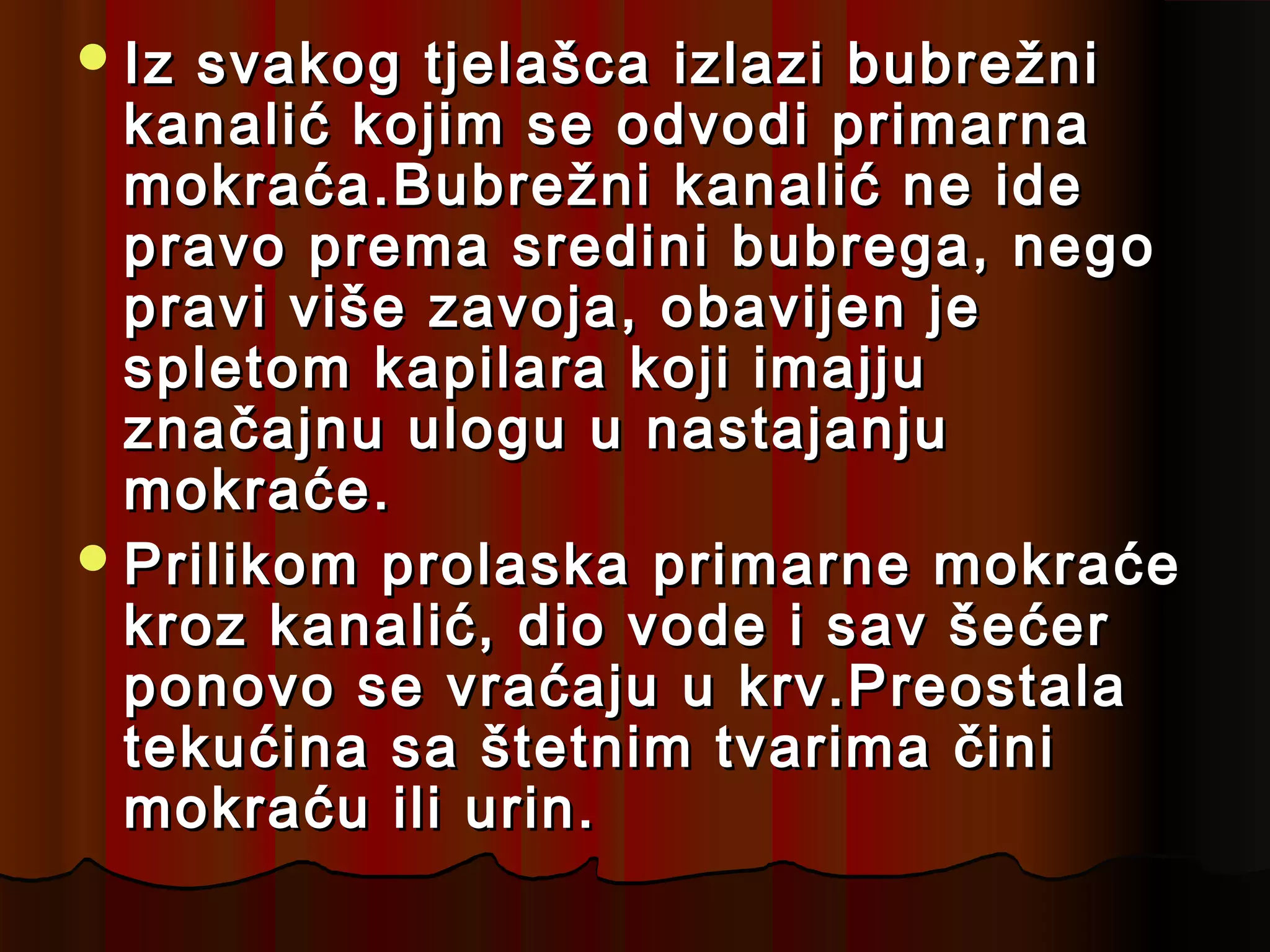  Iz svakog tjelašca izlazi bubrežni
  kanalić kojim se odvodi primarna
  mokraća.Bubrežni kanalić ne ide
  pravo prema sredini bubrega, nego
  pravi više zavoja, obavijen je
  spletom kapilara koji imajju
  značajnu ulogu u nastajanju
  mokraće.
 Prilikom prolaska primarne mokraće
  kroz kanalić, dio vode i sav šećer
  ponovo se vraćaju u krv.Preostala
  tekućina sa štetnim tvarima čini
  mokraću ili urin.
 