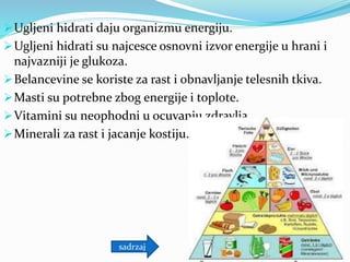 Ugljeni hidrati daju organizmu energiju.
Ugljeni hidrati su najcesce osnovni izvor energije u hrani i
najvazniji je glukoza.
Belancevine se koriste za rast i obnavljanje telesnih tkiva.
Masti su potrebne zbog energije i toplote.
Vitamini su neophodni u ocuvanju zdravlja.
Minerali za rast i jacanje kostiju.
sadrzaj
 
