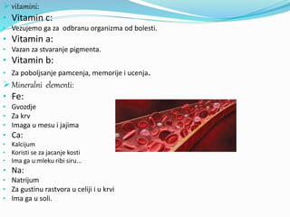 vitamini:
• Vitamin c:
• Vezujemo ga za odbranu organizma od bolesti.
• Vitamin a:
• Vazan za stvaranje pigmenta.
• Vitamin b:
• Za poboljsanje pamcenja, memorije i ucenja.
Mineralni elementi:
• Fe:
• Gvozdje
• Za krv
• Imaga u mesu i jajima
• Ca:
• Kalcijum
• Koristi se za jacanje kosti
• Ima ga u:mleku ribi siru...
• Na:
• Natrijum
• Za gustinu rastvora u celiji i u krvi
• Ima ga u soli.
 
