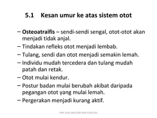 5.1 Kesan umur ke atas sistem otot

– Osteoatraifis – sendi-sendi sengal, otot-otot akan
  menjadi tidak anjal.
– Tindakan refleks otot menjadi lembab.
– Tulang, sendi dan otot menjadi semakin lemah.
– Individu mudah tercedera dan tulang mudah
  patah dan retak.
– Otot mulai kendur.
– Postur badan mulai berubah akibat daripada
  pegangan otot yang mulai lemah.
– Pergerakan menjadi kurang aktif.
                 PJM 3106 ANATOMI DAN FISIOLOGI
 