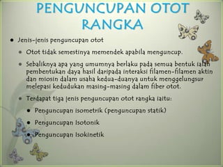 PENGUNCUPAN OTOT
                 RANGKA
   Jenis-jenis penguncupan otot
       Otot tidak semestinya memendek apabila menguncup.
       Sebaliknya apa yang umumnya berlaku pada semua bentuk ialah
        pembentukan daya hasil daripada interaksi filamen-filamen aktin
        dan miosin dalam usaha kedua-duanya untuk menggelungsur
        melepasi kedudukan masing-masing dalam fiber otot.
       Terdapat tiga jenis penguncupan otot rangka iaitu:
           Penguncupan isometrik (penguncupan statik)
           Penguncupan Isotonik
           Penguncupan Isokinetik
 