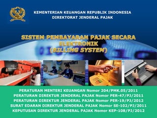 LOGO
KEMENTERIAN KEUANGAN REPUBLIK INDONESIA
DIREKTORAT JENDERAL PAJAK
PERATURAN MENTERI KEUANGAN Nomor 204/PMK.05/2011
PERATURAN DIREKTUR JENDERAL PAJAK Nomor PER-47/PJ/2011
PERATURAN DIREKTUR JENDERAL PAJAK Nomor PER-19/PJ/2012
SURAT EDARAN DIREKTUR JENDERAL PAJAK Nomor SE-102/PJ/2011
KEPUTUSAN DIREKTUR JENDERAL PAJAK Nomor KEP-108/PJ/2012
 