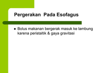 Pergerakan Pada Esofagus
 Bolus makanan bergerak masuk ke lambung
karena peristaltik & gaya gravitasi
 
