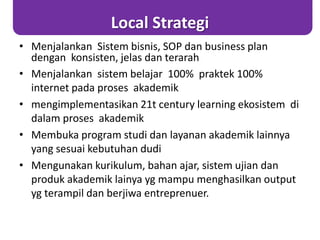 Local Strategi
• Menjalankan Sistem bisnis, SOP dan business plan
dengan konsisten, jelas dan terarah
• Menjalankan sistem belajar 100% praktek 100%
internet pada proses akademik
• mengimplementasikan 21t century learning ekosistem di
dalam proses akademik
• Membuka program studi dan layanan akademik lainnya
yang sesuai kebutuhan dudi
• Mengunakan kurikulum, bahan ajar, sistem ujian dan
produk akademik lainya yg mampu menghasilkan output
yg terampil dan berjiwa entreprenuer.
 