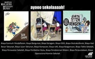 ayooo sekolaaaah!
Biaya Formulir Pendaftaran, Biaya Bangunan, Biaya Seragam, Biaya OSIS, Biaya Ekstrakulikuler, Biaya Hari
Besar Tahunan, Biaya Ujian Tahunan, Biaya Komputer, Biaya UKS, Biaya Keagamaan, Biaya Taktis Sekolah,
Biaya Perawatan Sekolah, Biaya Pembelian Buku, Biaya Pendalaman Materi, Biaya Perpustakaan, Biaya
Operasional Komite Sekolah
 