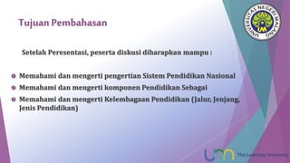 Tujuan Pembahasan
Setelah Peresentasi, peserta diskusi diharapkan mampu :
 Memahami dan mengerti pengertian Sistem Pendidikan Nasional
 Memahami dan mengerti komponen Pendidikan Sebagai
 Memahami dan mengerti Kelembagaan Pendidikan (Jalur, Jenjang,
Jenis Pendidikan)
 