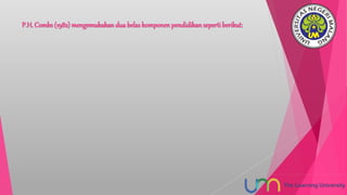 P.H. Combs (1982) mengemukakan dua belaskomponenpendidikan sepertiberikut:
 