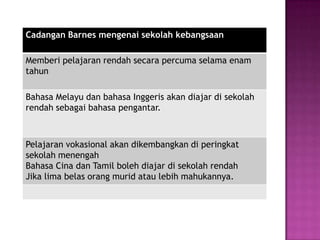 Bahasaibundadiajardisekolah-sekolahCinadan Tamil, bahasaMelayudanbahasaInggerisakandigunakanjugasebagaibahasapengantar.Padatahun 1952, sebuahJawatankuasakhastelahdibentukuntukmengkajiketiga-tigalaporanjawatankuasasebelumnyadanmembuatbeberapasyorbaru.DrafperundangandarijawatankuasakhasitutelahdibawakeDewanPerundangan Persekutuan, diluluskan, dankemudiandijadikanOrdinanPelajaran 1952.