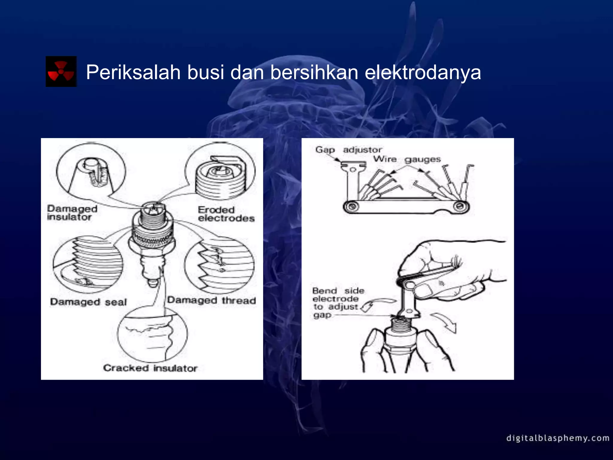 Periksalah busi dan bersihkan elektrodanya
 