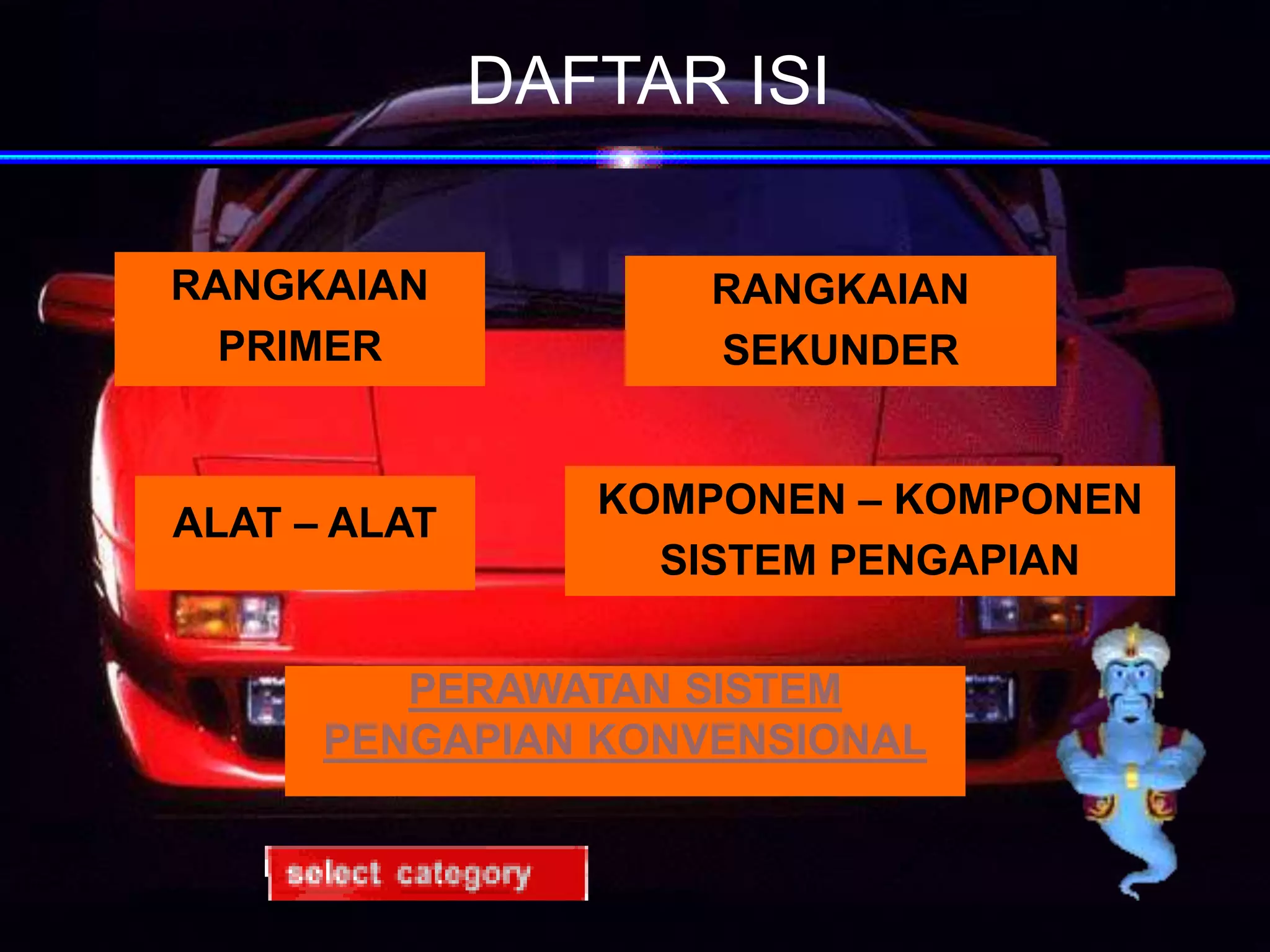 DAFTAR ISI
PERAWATAN SISTEM
PENGAPIAN KONVENSIONAL
RANGKAIAN
SEKUNDER
KOMPONEN – KOMPONEN
SISTEM PENGAPIAN
RANGKAIAN
PRIMER
ALAT – ALAT
 