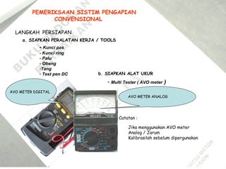 PEMERIKSAAN SISTIM PENGAPIAN
CONVENSIONAL
LANGKAH PERSIAPAN
a. SIAPKAN PERALATAN KERJA / TOOLS
- Kunci pas
- Kunci ring
- Palu
- Obeng
-Tang
- Test pen DC b. SIAPKAN ALAT UKUR
- Multi Tester ( AVO meter )
Catatan :
Jika menggunakan AVO meter
Analog / Jarum
Kalibrasilah sebelum dipergunakan
AVO METER ANALOG
AVO METER DIGITAL
 