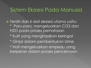  Terdiri dari 4 alat eksresi utama yaitu: 
* Paru-paru mengeluarkan CO2 dan 
H2O pada proses pernafasan 
* Kulit yang menghasilkan keringat 
* Ginjal dalam pembentukan Urine 
* Hati mengeluarkan empedu yang 
berperan dalam proses pencernaan 
 