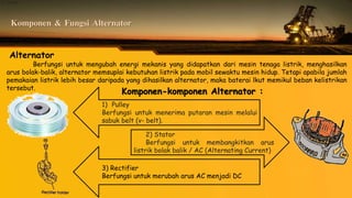 Komponen & Fungsi Alternator
1. Pulley
1) Pulley
Berfungsi untuk menerima putaran mesin melalui
sabuk belt (v- belt).
2) Stator
Berfungsi untuk membangkitkan arus
listrik bolak balik / AC (Alternating Current)
3) Rectifier
Berfungsi untuk merubah arus AC menjadi DC
Alternator
Berfungsi untuk mengubah energi mekanis yang didapatkan dari mesin tenaga listrik, menghasilkan
arus bolak-balik, alternator memsuplai kebutuhan listrik pada mobil sewaktu mesin hidup. Tetapi apabila jumlah
pemakaian listrik lebih besar daripada yang dihasilkan alternator, maka baterai lkut memikul beban kelistrikan
tersebut.
Komponen-komponen Alternator :
 