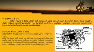b. Listrik 3 Fasa
Motor induksi 3 fasa adalah alat penggerak yang paling banyak digunakan dalam dunia industri.
Motor induksi memiliki parameter yang bersifat non-linier , terutama resistansi rotor, yang memiliki nilai
bervariasi untuk kondisi operasi yang berbeda.
Konstruksi Motor Listrik 3 Fasa
Motor listrik 3 fasa memiliki komponen dasar yaitu stator dan
rotor.
Motor tersusun oleh beberapa batngan logam yang dimasukkan
melalui slot-slot yang ada pada motor-motor induksi, kemudian
setiap bagian disatukan oleh cincin sehingga membuat batangan
logam terhubung singkat dengan batangan logam yang lain.
 