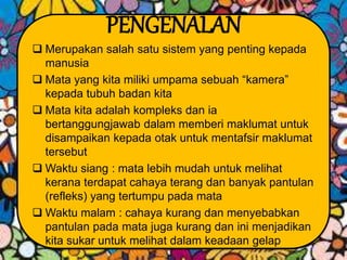 PENGENALAN
 Merupakan salah satu sistem yang penting kepada
manusia
 Mata yang kita miliki umpama sebuah “kamera”
kepada tubuh badan kita
 Mata kita adalah kompleks dan ia
bertanggungjawab dalam memberi maklumat untuk
disampaikan kepada otak untuk mentafsir maklumat
tersebut
 Waktu siang : mata lebih mudah untuk melihat
kerana terdapat cahaya terang dan banyak pantulan
(refleks) yang tertumpu pada mata
 Waktu malam : cahaya kurang dan menyebabkan
pantulan pada mata juga kurang dan ini menjadikan
kita sukar untuk melihat dalam keadaan gelap
 