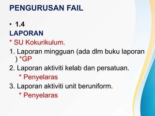 PENGURUSAN FAIL
• 1.4
LAPORAN
* SU Kokurikulum.
1. Laporan mingguan (ada dlm buku laporan
) *GP
2. Laporan aktiviti kelab dan persatuan.
* Penyelaras
3. Laporan aktiviti unit beruniform.
* Penyelaras
 