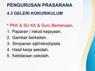 PENGURUSAN PRASARANA
4.3 GELERI KOKURIKULUM
* PKK & SU KK & Guru Berkenaan.
1. Paparan / rekod kejayaan.
2. Gambar berkaitan.
3. Simpanan sijil/rekod/piala.
4. Hasil kerja sekolah.
5. Kebitaraan sekolah.
 