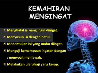 KEMAHIRAN
             MENGINGAT
Menghafal isi yang ingin diingat.
Menyusun isi dengan betul.
Menentukan isi yang mahu diingat.
Menguji kemampuan ingatan dengan
; menyoal, menjawab.
Melakukan ulangkaji yang kerap.
 