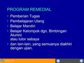 Sosialisasi KTSP
PROGRAM REMEDIALPROGRAM REMEDIAL
• Pemberian Tugas
• Pembelajaran Ulang
• Belajar Mandiri
• Belajar Kelompok dgn. Bimbingan
Alumni
atau tutor sebaya
• dan lain-lain, yang semuanya diakhiri
dengan ujian.
 