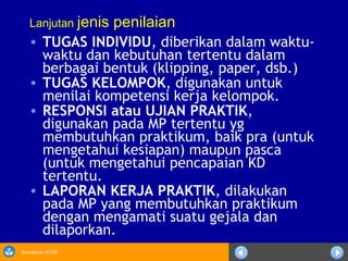 Sosialisasi KTSP
Lanjutan jenis penilaian
• TUGAS INDIVIDU, diberikan dalam waktu-
waktu dan kebutuhan tertentu dalam
berbagai bentuk (klipping, paper, dsb.)
• TUGAS KELOMPOK, digunakan untuk
menilai kompetensi kerja kelompok.
• RESPONSI atau UJIAN PRAKTIK,
digunakan pada MP tertentu yg
membutuhkan praktikum, baik pra (untuk
mengetahui kesiapan) maupun pasca
(untuk mengetahui pencapaian KD
tertentu.
• LAPORAN KERJA PRAKTIK, dilakukan
pada MP yang membutuhkan praktikum
dengan mengamati suatu gejala dan
dilaporkan.
 