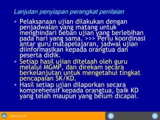 Sosialisasi KTSP
Lanjutan penyiapan perangkat penilaian
• Pelaksanaan ujian dilakukan dengan
penjadwalan yang matang untuk
menghindari beban ujian yang berlebihan
pada hari yang sama. >>> Perlu koordinasi
antar guru matapelajaran, jadwal ujian
diinformasikan kepada orangtua dan
peserta didik.
• Setiap hasil ujian ditelaah oleh guru
melalui MGMP, dan direkam secara
berkelanjutan untuk mengetahui tingkat
pencapaian SK/KD.
• Hasil setiap ujian dilaporkan secara
komprehensif kepada orangtua, baik KD
yang telah maupun yang belum dicapai.
 