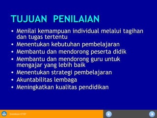 Sosialisasi KTSP
TUJUAN PENILAIANTUJUAN PENILAIAN
• Menilai kemampuan individual melalui tagihanMenilai kemampuan individual melalui tagihan
dan tugas tertentudan tugas tertentu
• Menentukan kebutuhan pembelajaranMenentukan kebutuhan pembelajaran
• Membantu dan mendorong peserta didikMembantu dan mendorong peserta didik
• Membantu dan mendorong guru untukMembantu dan mendorong guru untuk
mengajar yang lebih baikmengajar yang lebih baik
• Menentukan strategi pembelajaranMenentukan strategi pembelajaran
• Akuntabilitas lembagaAkuntabilitas lembaga
• Meningkatkan kualitas pendidikanMeningkatkan kualitas pendidikan
 