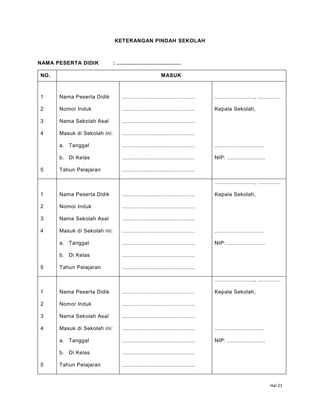 Hal 21
KETERANGAN PINDAH SEKOLAH
NAMA PESERTA DIDIK : .......................................
NO. MASUK
1
2
3
4
5
Nama Peserta Didik
Nomor Induk
Nama Sekolah Asal
Masuk di Sekolah ini:
a. Tanggal
b. Di Kelas
Tahun Pelajaran
............................................
............................................
............................................
............................................
............................................
............................................
............................................
........................, ..............
Kepala Sekolah,
..............................
NIP: .......................
1
2
3
4
5
Nama Peserta Didik
Nomor Induk
Nama Sekolah Asal
Masuk di Sekolah ini:
a. Tanggal
b. Di Kelas
Tahun Pelajaran
............................................
............................................
............................................
............................................
............................................
............................................
............................................
........................, ..............
Kepala Sekolah,
..............................
NIP: .......................
1
2
3
4
5
Nama Peserta Didik
Nomor Induk
Nama Sekolah Asal
Masuk di Sekolah ini:
a. Tanggal
b. Di Kelas
Tahun Pelajaran
............................................
............................................
............................................
............................................
............................................
............................................
............................................
........................, ..............
Kepala Sekolah,
..............................
NIP: .......................
 