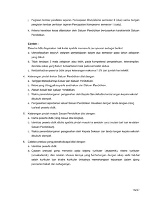 Hal 27
j. Pegisian lembar penilaian laporan Pencapaian Kompetensi semester 2 (dua) sama dengan
pengisian lembar penilaian laporan Pencapaian Kompetensi semester 1 (satu).
k. Kriteria kenaikan kelas ditentukan oleh Satuan Pendidikan berdasarkan karakteristik Satuan
Pendidikan.
Contoh :
Peserta didik dinyatakan naik kelas apabila memenuhi persyaratan sebagai berikut:
a. Menyelesaikan seluruh program pembelajaran dalam dua semester pada tahun pelajaran
yang diikuti.
b. Tidak terdapat 3 mata pelajaran atau lebih, pada kompetensi pengetahuan, keterampilan,
dan/atau sikap yang belum tuntas/belum baik pada semester kedua.
c. Ketidakhadiran peserta didik tanpa keterangan maksimal 15% dari jumlah hari efektif.
4. Keterangan pindah keluar Satuan Pendidikan diisi dengan:
a. Tanggal ditetapkannya keluar dari Satuan Pendidikan.
b. Kelas yang ditinggalkan pada saat keluar dari Satuan Pendidikan.
c. Alasan keluar dari Satuan Pendidikan.
d. Waktu penandatanganan pengesahan oleh Kepala Sekolah dan tanda tangan kepala sekolah
dibubuhi stempel.
e. Pengesahan kepindahan keluar Satuan Pendidikan dikuatkan dengan tanda tangan orang
tua/wali peserta didik.
5. Keterangan pindah masuk Satuan Pendidikan diisi dengan:
a. Nama peserta didik yang masuk diisi lengkap.
b. Identitas peserta didik ditulis apabila pindah masuk ke sekolah baru (mutasi dari luar ke dalam
Satuan Pendidikan).
c. Waktu penandatanganan pengesahan oleh Kepala Sekolah dan tanda tangan kepala sekolah
dibubuhi stempel.
6. Catatan prestasi yang pernah dicapai diisi dengan:
a. Identitas peserta didik.
b. Catatan prestasi yang menonjol pada bidang kurikuler (akademik), ekstra kurikuler
(nonakademik), dan catatan khusus lainnya yang berhubungan dengan sikap serta hal-hal
selain kurikuler dan ekstra kurikuler (misalnya memenangkan kejuaraan dalam ajang
pencarian bakat, dan sebagainya).
 