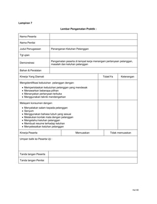 Hal 40
Lampiran 7
Lembar Pengamatan Praktik :
Nama Peserta
Nama Penilai
Judul Penugassan Penanganan Keluhan Pelanggan
Tgl ujian
Demonstrasi
Pengamatan peserta di tempat kerja menangani pertanyaan pelanggan,
masalah dan keluhan pelanggan
Bahan & Peralatan
Kinerja Yang Diamati Tidak/Ya Keterangan
Mengidentifikasi kebutuhan pelanggan dengan:
 Memperiotaskan kebutuhan pelanggan yang mendesak
 Menawarkan beberapa pilihan
 Menanyakan pertanyaan terbuka
 Menggunakan teknik mendengarkan
Melayani konsumen dengan:
 Menyatakan salam kepada pelanggan
 Senyum
 Menggunakan bahasa tubuh yang sesuai
 Melakukan kontak mata dengan pelanggan
 Mengetahui keluhan pelanggan
 Membuat resume terhadap keluhan
 Menyelesaikan keluhan pelanggan
Kinerja Peserta Memuaskan Tidak memuaskan
Umpan balik ke Peserta Uji :
Tanda tangan Peserta
Tanda tangan Penilai
 