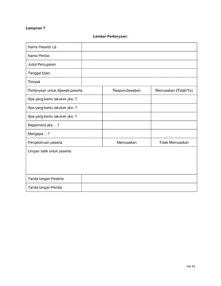 Hal 41
Lampiran 7
Lembar Pertanyaan:
Nama Peserta Uji
Nama Penilai
Judul Penugasan
Tanggal Ujian
Tempat
Pertanyaan untuk dijawab peserta Respon/Jawaban Memuaskan (Tidak/Ya)
Apa yang kamu lakukan jika..?
Apa yang kamu lakukan jika..?
Apa yang kamu lakukan jika..?
Bagaimana jika …?
Mengapa …?
Pengetahuan peserta Memuaskan Tidak Memuaskan
Umpan balik untuk peserta:
Tanda tangan Peserta
Tanda tangan Penilai
 