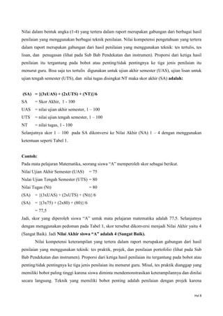 Hal 8
Nilai dalam bentuk angka (1-4) yang tertera dalam raport merupakan gabungan dari berbagai hasil
penilaian yang menggunakan berbagai teknik penilaian. Nilai kompetensi pengetahuan yang tertera
dalam raport merupakan gabungan dari hasil penilaian yang menggunakan teknik: tes tertulis, tes
lisan, dan penugasan (lihat pada Sub Bab Pendekatan dan instrumen). Proporsi dari ketiga hasil
penilaian itu tergantung pada bobot atau penting/tidak pentingnya ke tiga jenis penilaian itu
menurut guru. Bisa saja tes tertulis digunakan untuk ujian akhir semester (UAS), ujian lisan untuk
ujian tengah semester (UTS), dan nilai tugas disingkat NT maka skor akhir (SA) adalah:
(SA) = {(3xUAS) + (2xUTS) + (NT)}/6
SA = Skor Akhir, 1 - 100
UAS = nilai ujian akhir semester, 1 – 100
UTS = nilai ujian tengah semester, 1 – 100
NT = nilai tugas, 1 - 100
Selanjutnya skor 1 – 100 pada SA dikonversi ke Nilai Akhir (NA) 1 – 4 dengan menggunakan
ketentuan seperti Tabel 1.
Contoh:
Pada mata pelajaran Matematika, seorang siswa “A” memperoleh skor sebagai berikut.
Nilai Ujian Akhir Semester (UAS) = 75
Nulai Ujian Tengah Semester (UTS) = 80
Nilai Tugas (Nt) = 80
(SA) = {(3xUAS) + (2xUTS) + (Nt)}/6
(SA) = {(3x75) + (2x80) + (80)}/6
= 77,5
Jadi, skor yang diperoleh siswa “A” untuk mata pelajaran matematika adalah 77,5. Selanjutnya
dengan menggunakan pedoman pada Tabel 1, skor tersebut dikonversi menjadi Nilai Akhir yaitu 4
(Sangat Baik). Jadi Nilai Akhir siswa “A” adalah 4 (Sangat Baik).
Nilai kompetensi keterampilan yang tertera dalam raport merupakan gabungan dari hasil
penilaian yang menggunakan teknik: tes praktik, projek, dan penilaian portofolio (lihat pada Sub
Bab Pendekatan dan instrumen). Proporsi dari ketiga hasil penilaian itu tergantung pada bobot atau
penting/tidak pentingnya ke tiga jenis penilaian itu menurut guru. Misal, tes praktik dianggap yang
memiliki bobot paling tinggi karena siswa diminta mendemonstrasikan keterampilannya dan dinilai
secara langsung. Teknik yang memiliki bobot penting adalah penilaian dengan projek karena
 