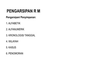 PENGARSIPAN R M
Pengarsipan/ Penyimpanan:
1. ALFABETIK
2. ALFANUMERIK
3. KRONOLOGIS/ TANGGAL
4. WILAYAH
5. KASUS
6. PENOMORAN
 